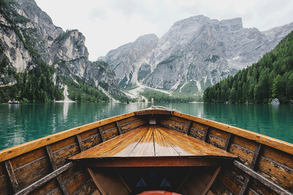 boat on a river in the mountains